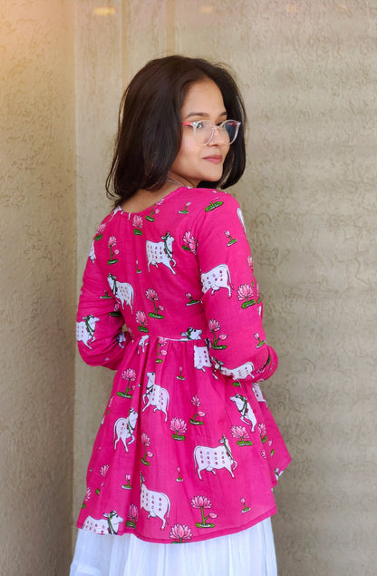 Pink Cow Print Flared Kurti