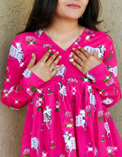 Pink Cow Print Flared Kurti