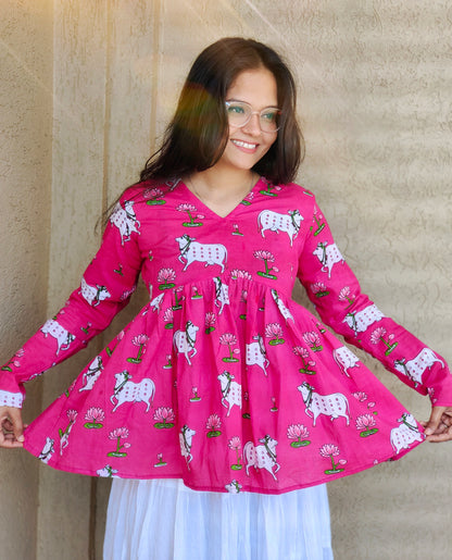 Pink Cow Print Flared Kurti