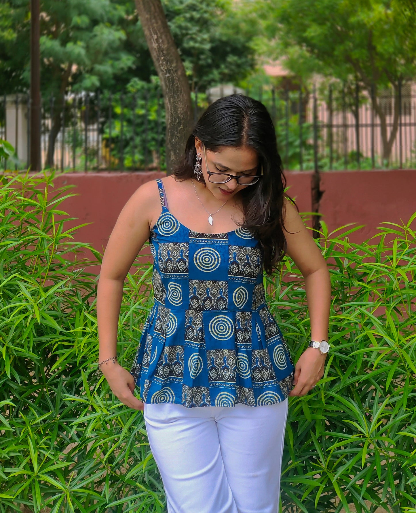Meher Blue Peplum Top | Printed Cotton Sleeveless Top for Women Aardhvi