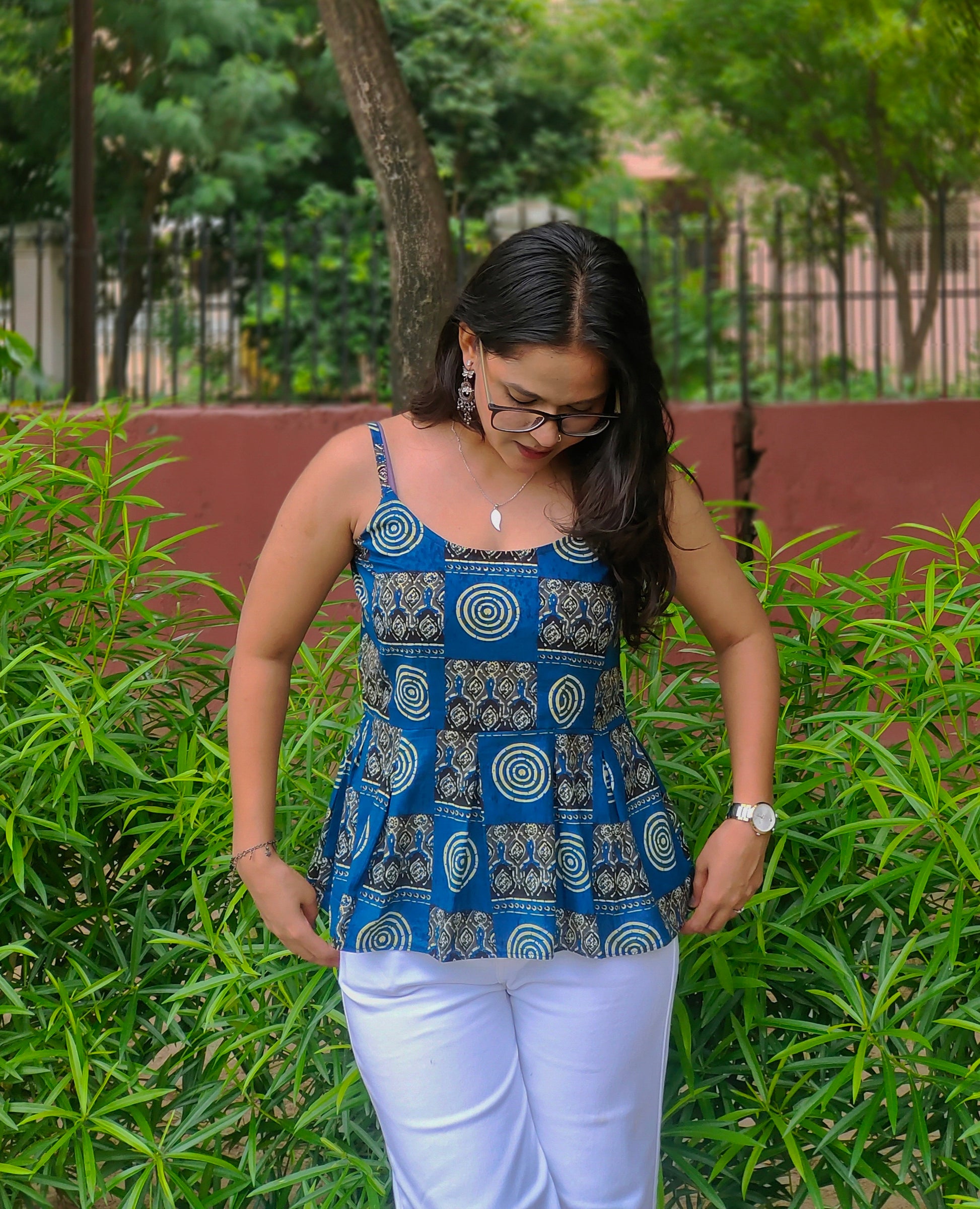 Meher Blue Peplum Top | Printed Cotton Sleeveless Top for Women Aardhvi
