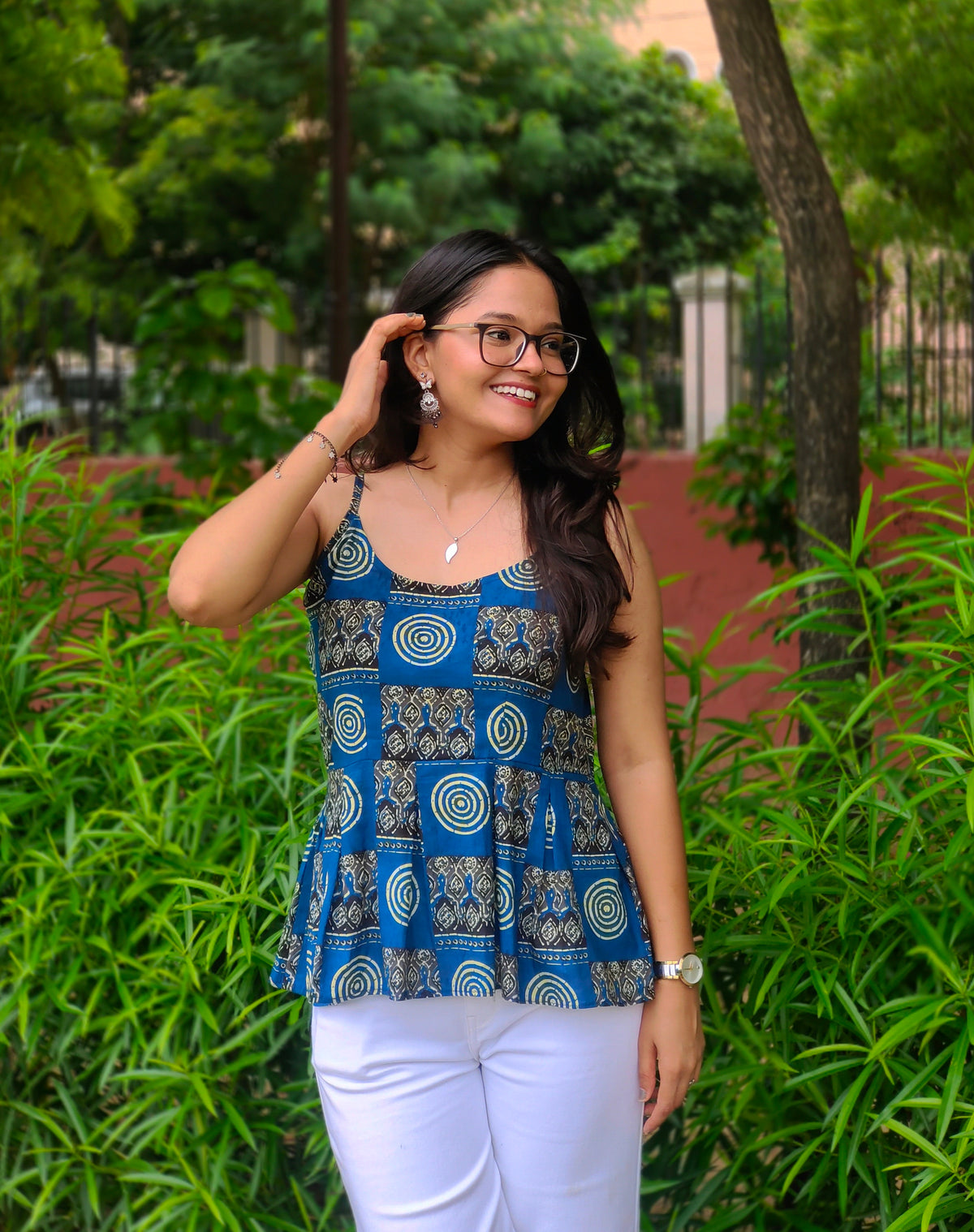 Meher Blue Peplum Top | Printed Cotton Sleeveless Top for Women Aardhvi