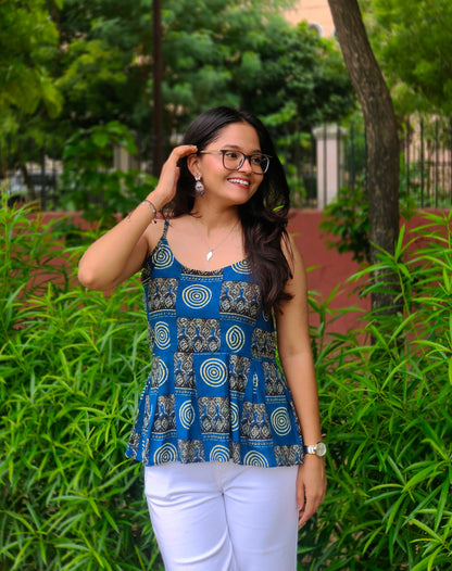 Meher Blue Peplum Top | Printed Cotton Sleeveless Top for Women Aardhvi