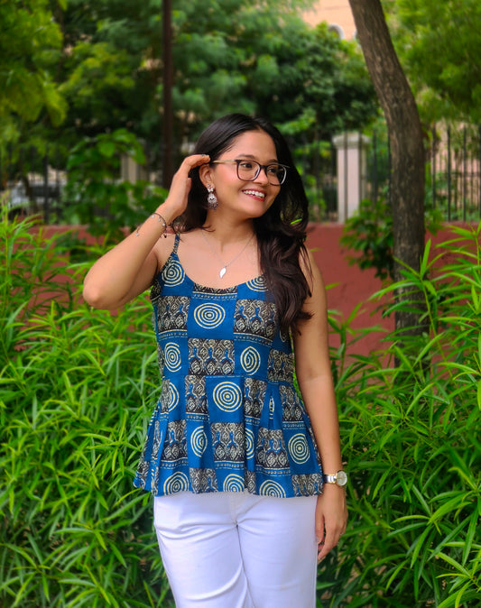 Meher Blue Peplum Top | Printed Cotton Sleeveless Top for Women Aardhvi