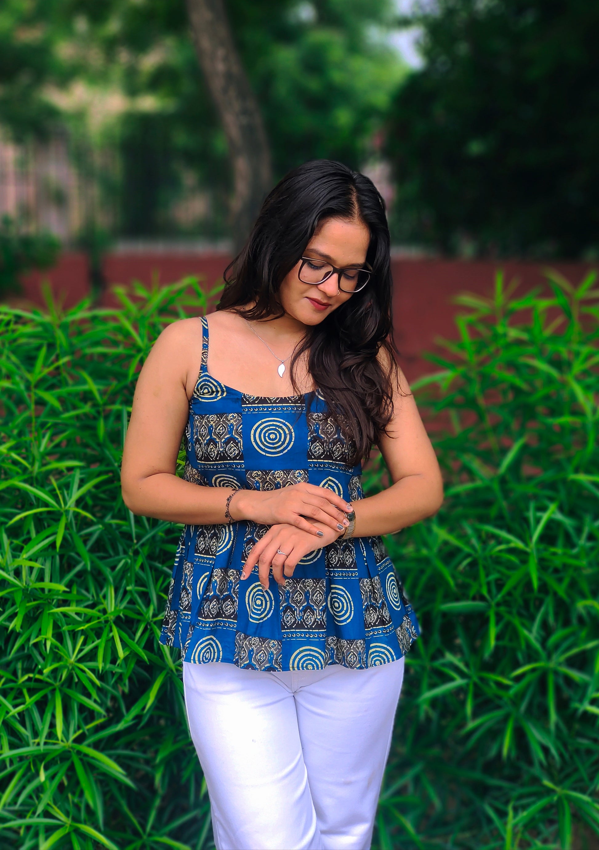 Meher Blue Peplum Top | Printed Cotton Sleeveless Top for Women Aardhvi