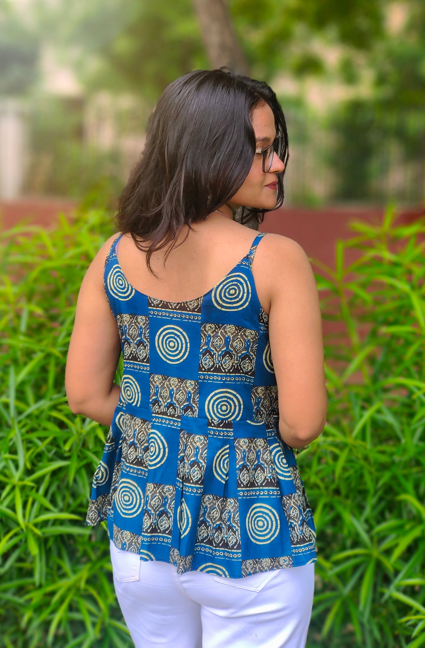 Meher Blue Peplum Top | Printed Cotton Sleeveless Top for Women Aardhvi