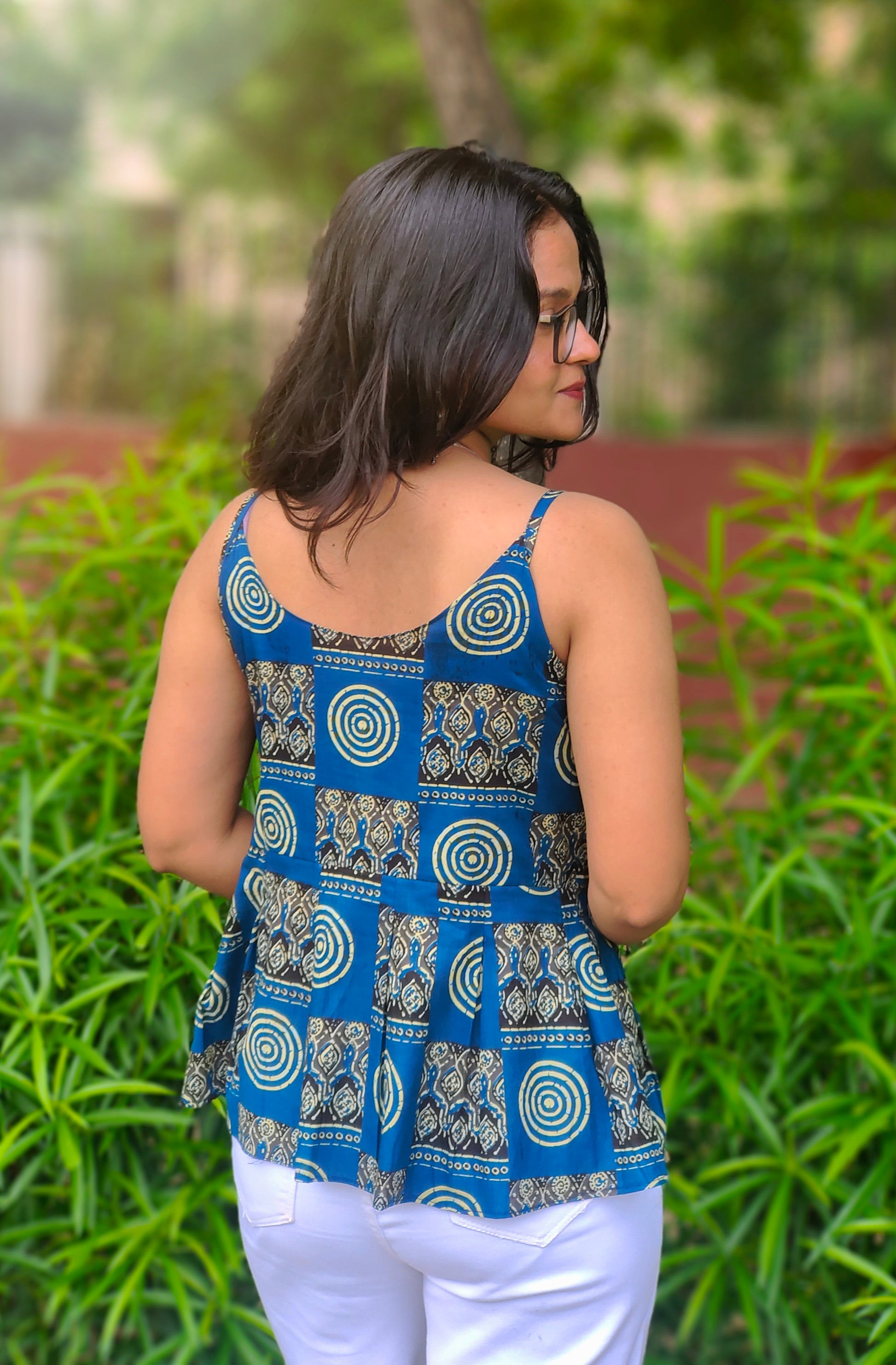 Meher Blue Peplum Top | Printed Cotton Sleeveless Top for Women Aardhvi