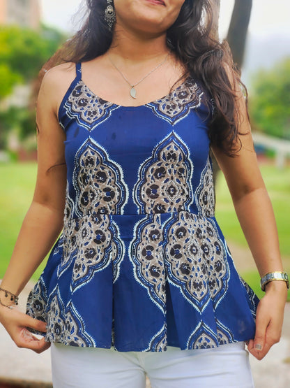 Meher Indigo Peplum Top | Printed Cotton Sleeveless Top for Women Aardhvi