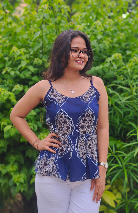 Meher Indigo Peplum Top | Printed Cotton Sleeveless Top for Women Aardhvi