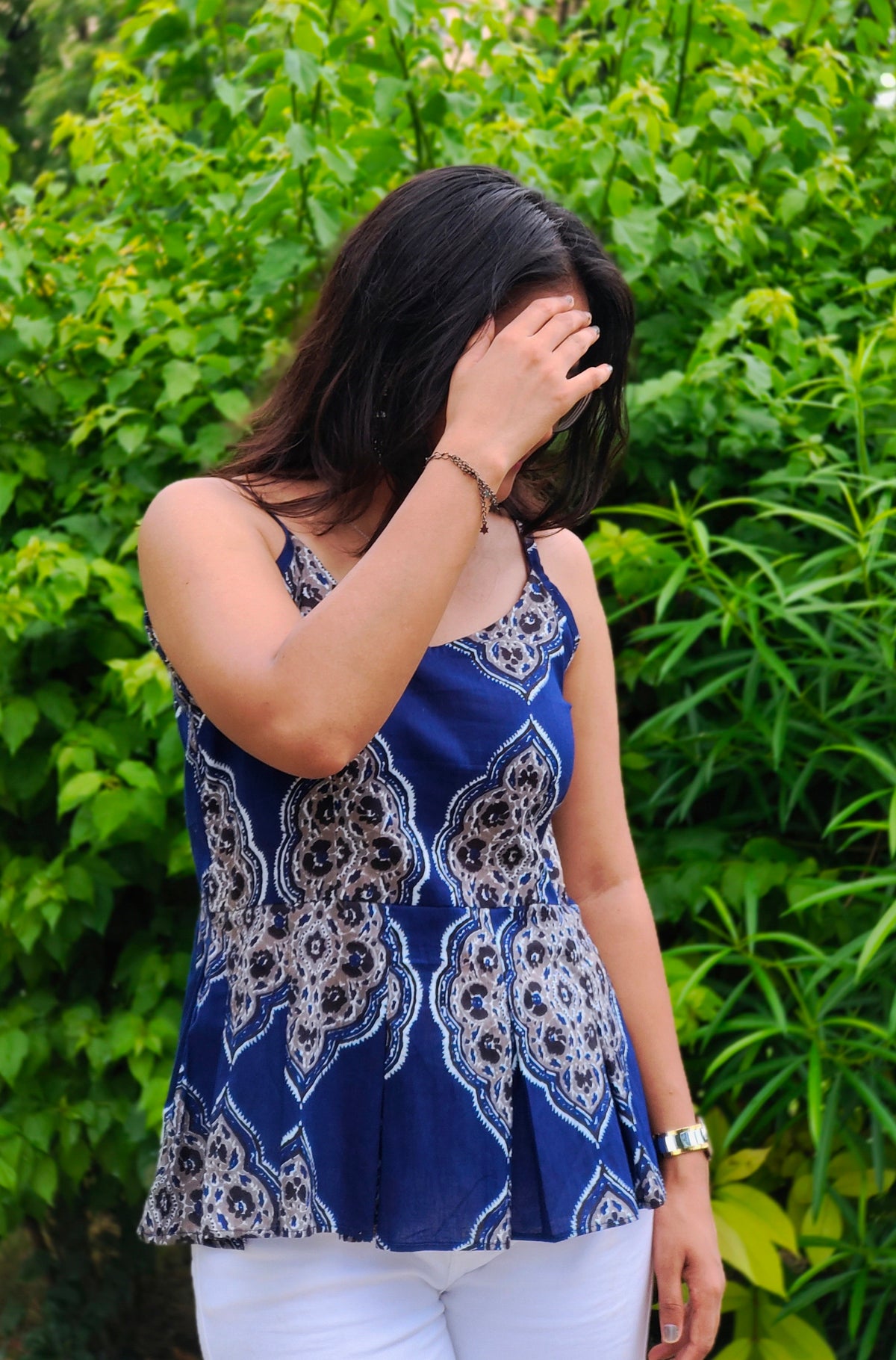 Meher Indigo Peplum Top | Printed Cotton Sleeveless Top for Women Aardhvi