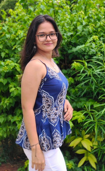 Meher Indigo Peplum Top | Printed Cotton Sleeveless Top for Women Aardhvi