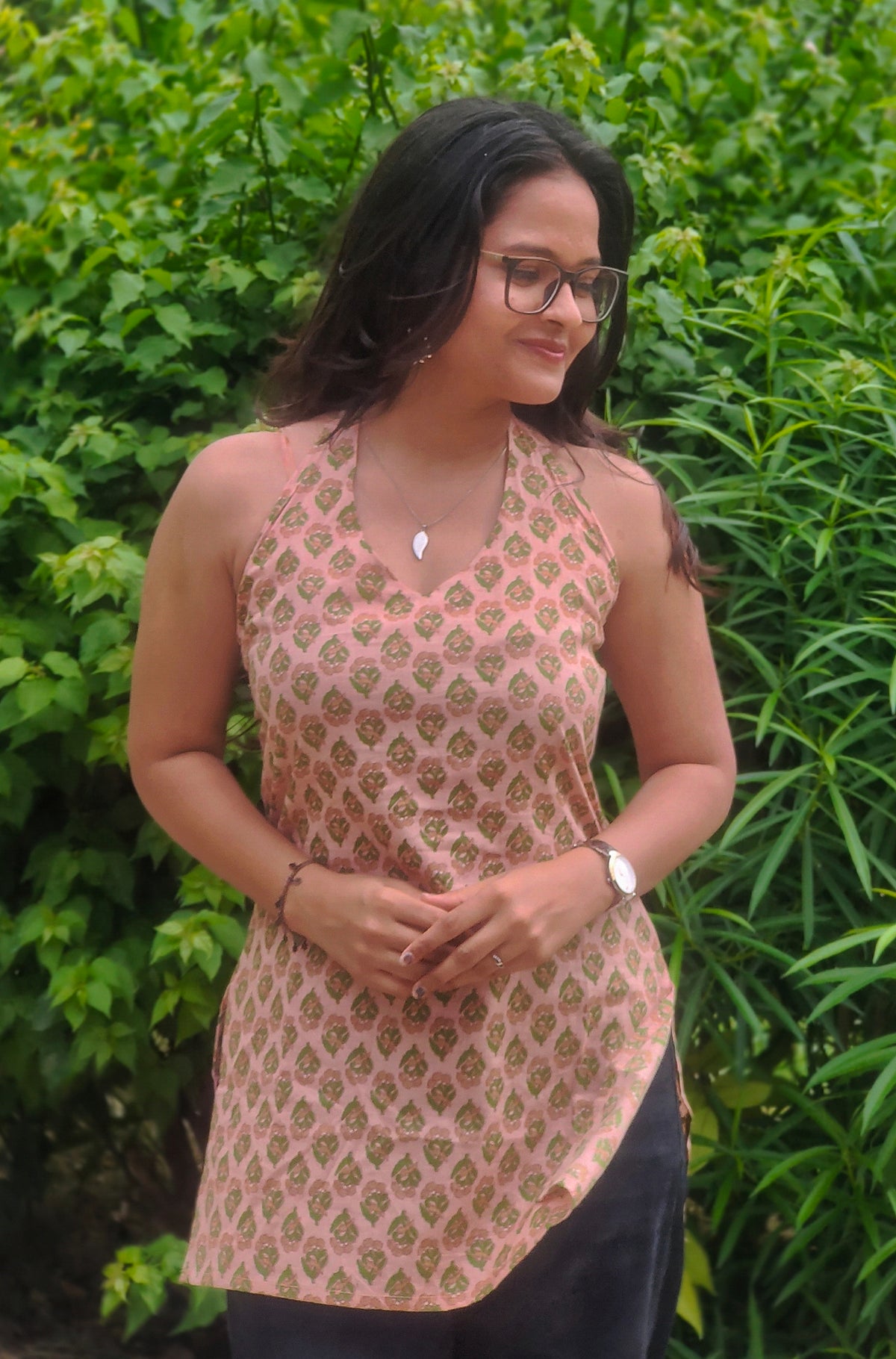 Stylish Halter Neck Kurti | Peach Floral Printed Cotton Kurti Aardhvi