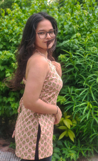 Stylish Halter Neck Kurti | Peach Floral Printed Cotton Kurti Aardhvi