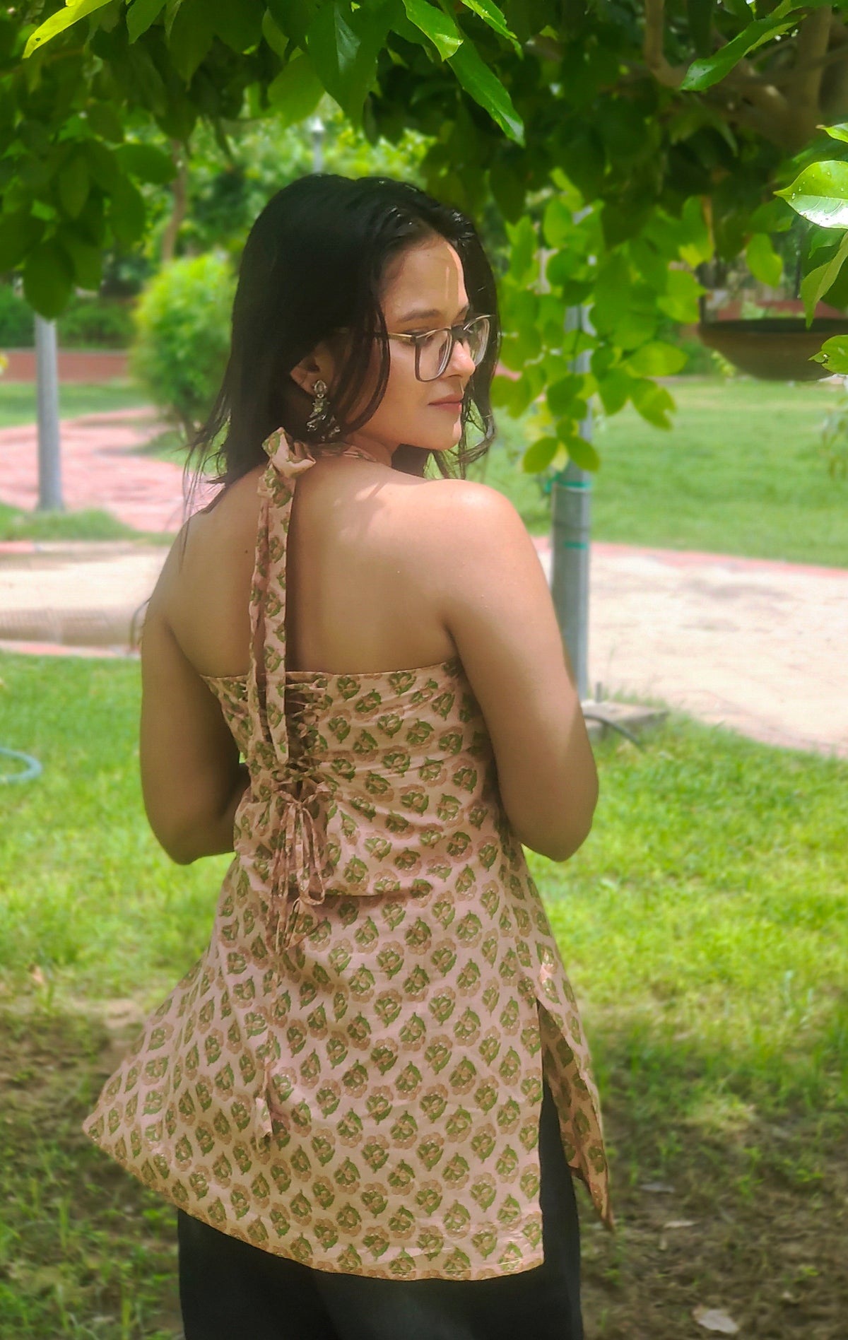Stylish Halter Neck Kurti | Peach Floral Printed Cotton Kurti Aardhvi