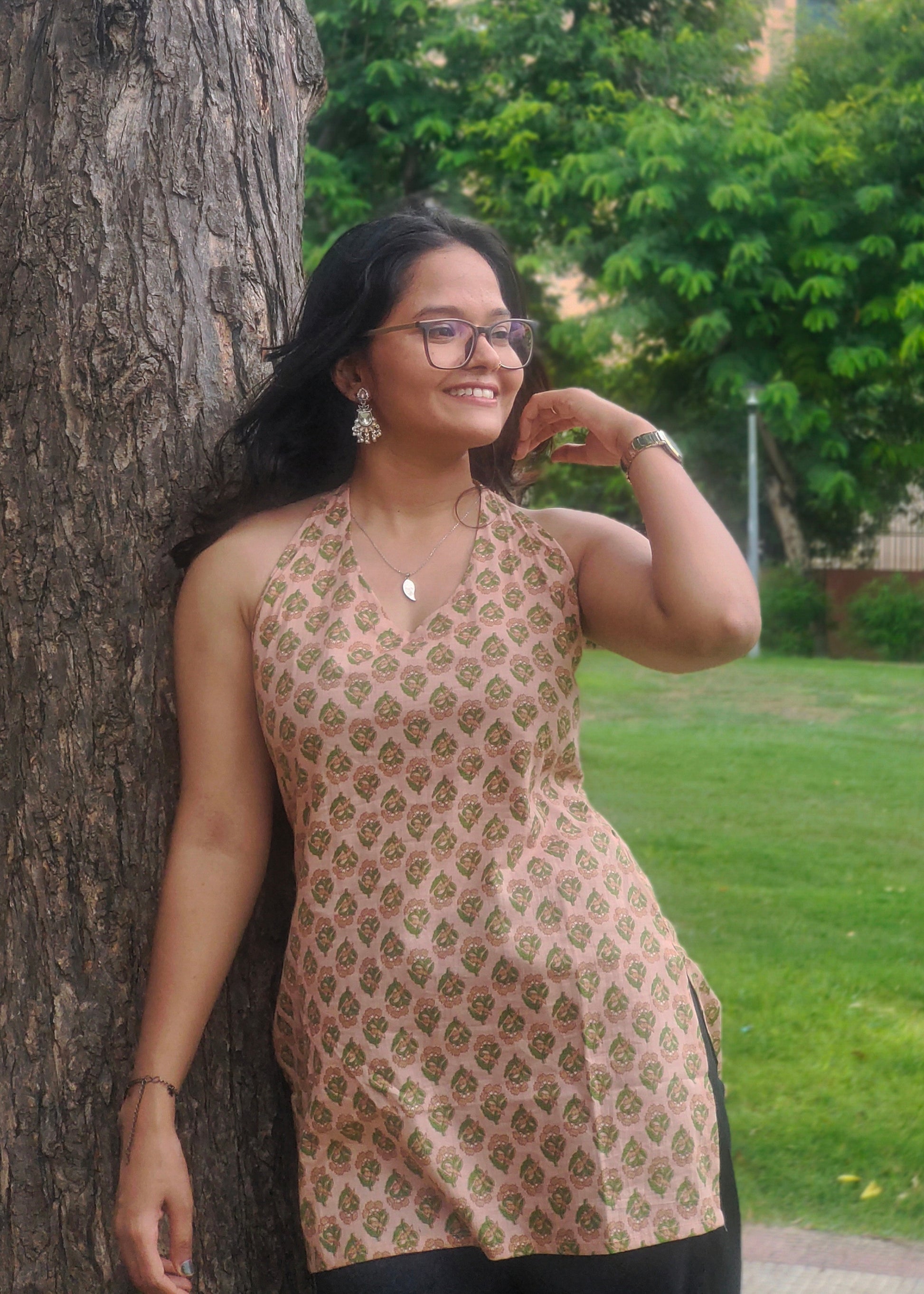 Stylish Halter Neck Kurti | Peach Floral Printed Cotton Kurti Aardhvi