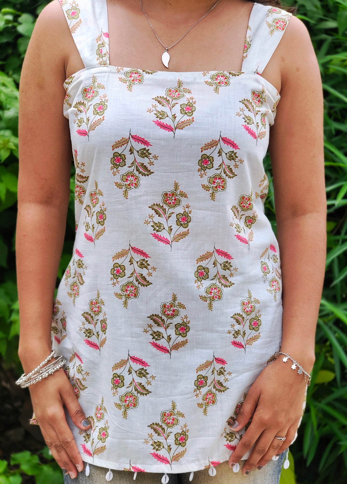 Chandni Floral short kurti | white Printed Cotton Square Neck Top for Women Aardhvi