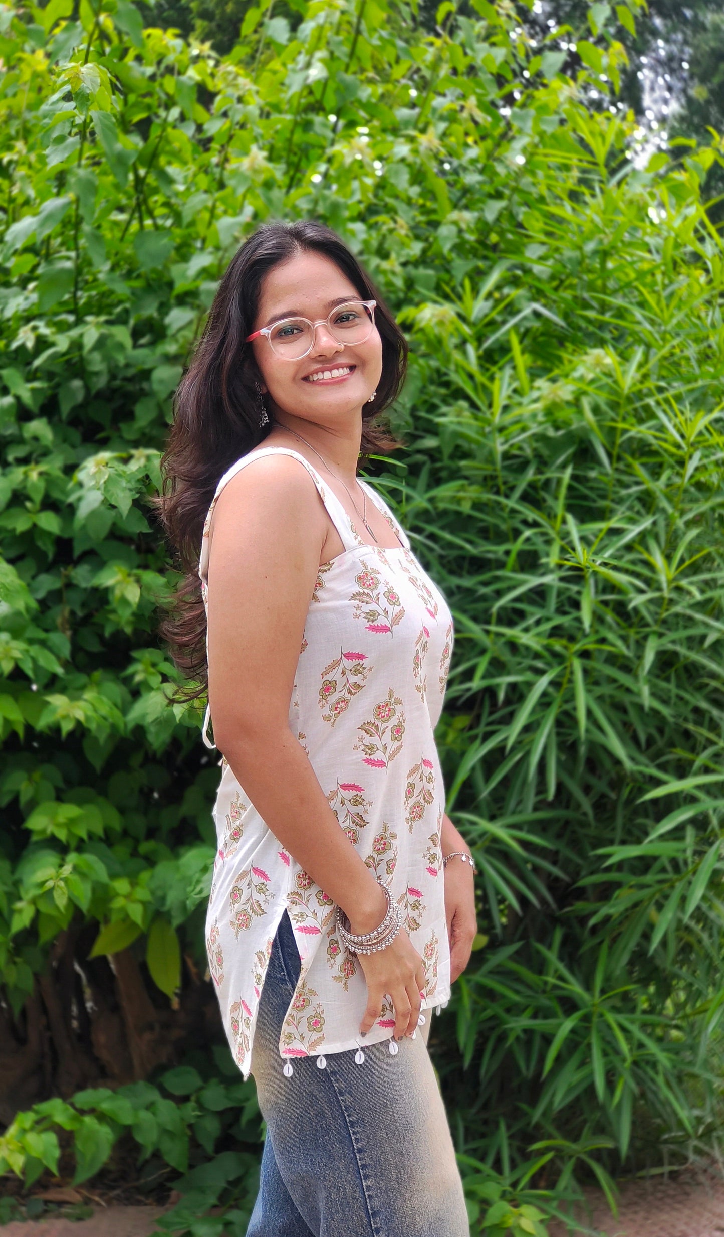 Chandni Floral short kurti | white Printed Cotton Square Neck Top for Women Aardhvi
