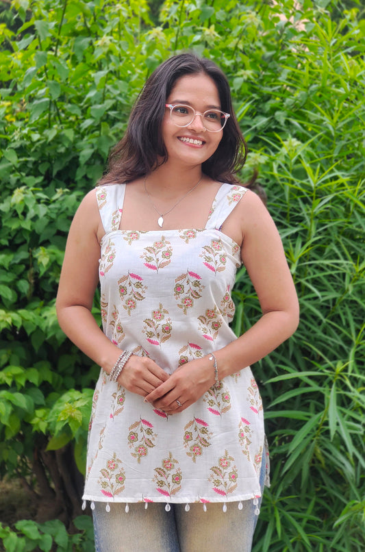 Chandni Floral short kurti | white Printed Cotton Square Neck Top for Women Aardhvi