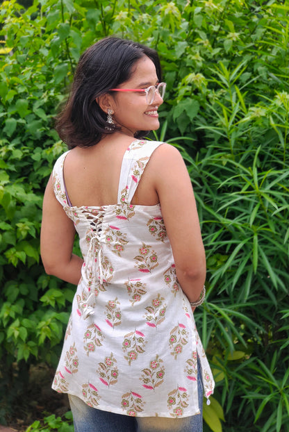 Chandni Floral short kurti | white Printed Cotton Square Neck Top for Women Aardhvi