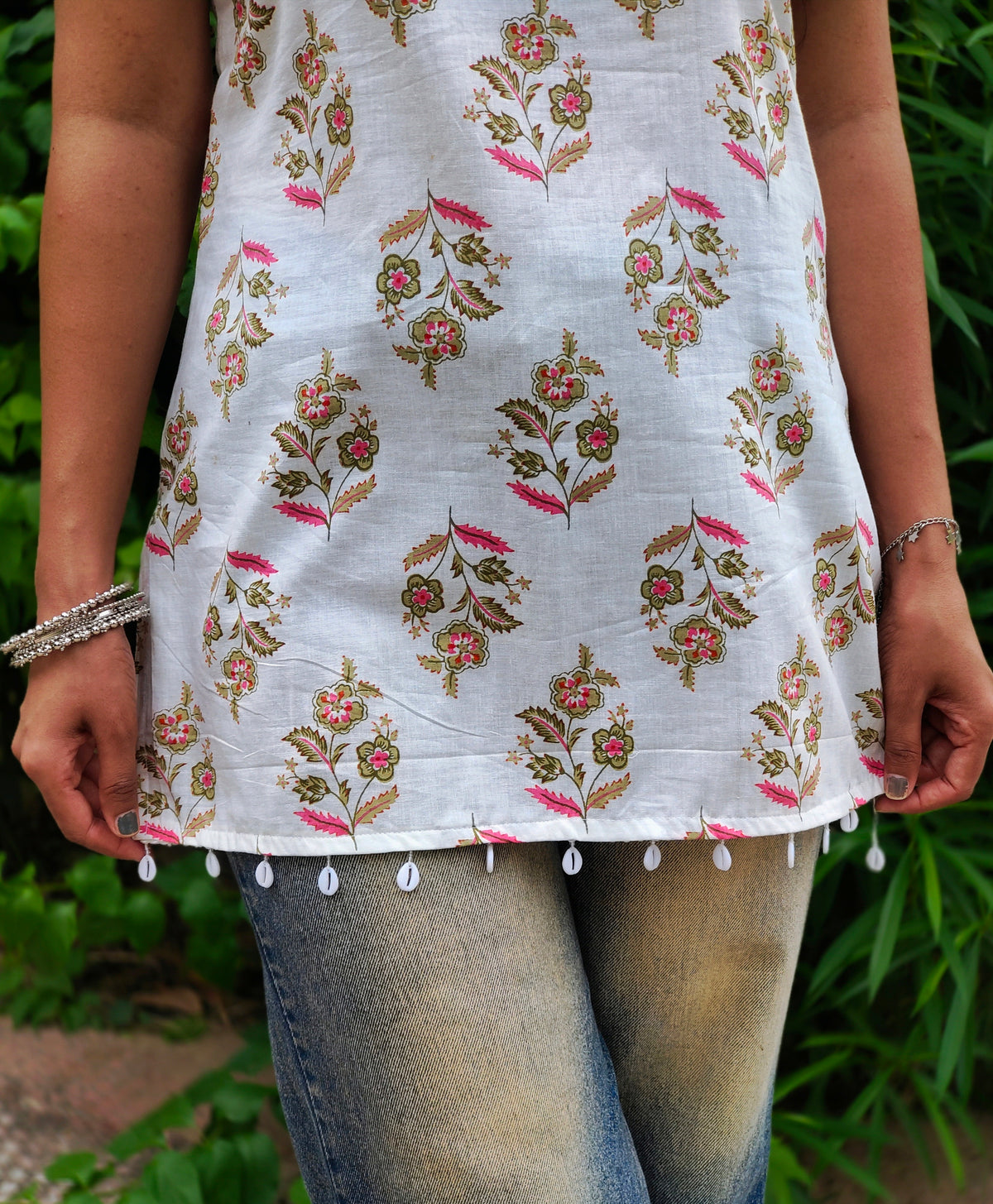 Chandni Floral short kurti | white Printed Cotton Square Neck Top for Women Aardhvi
