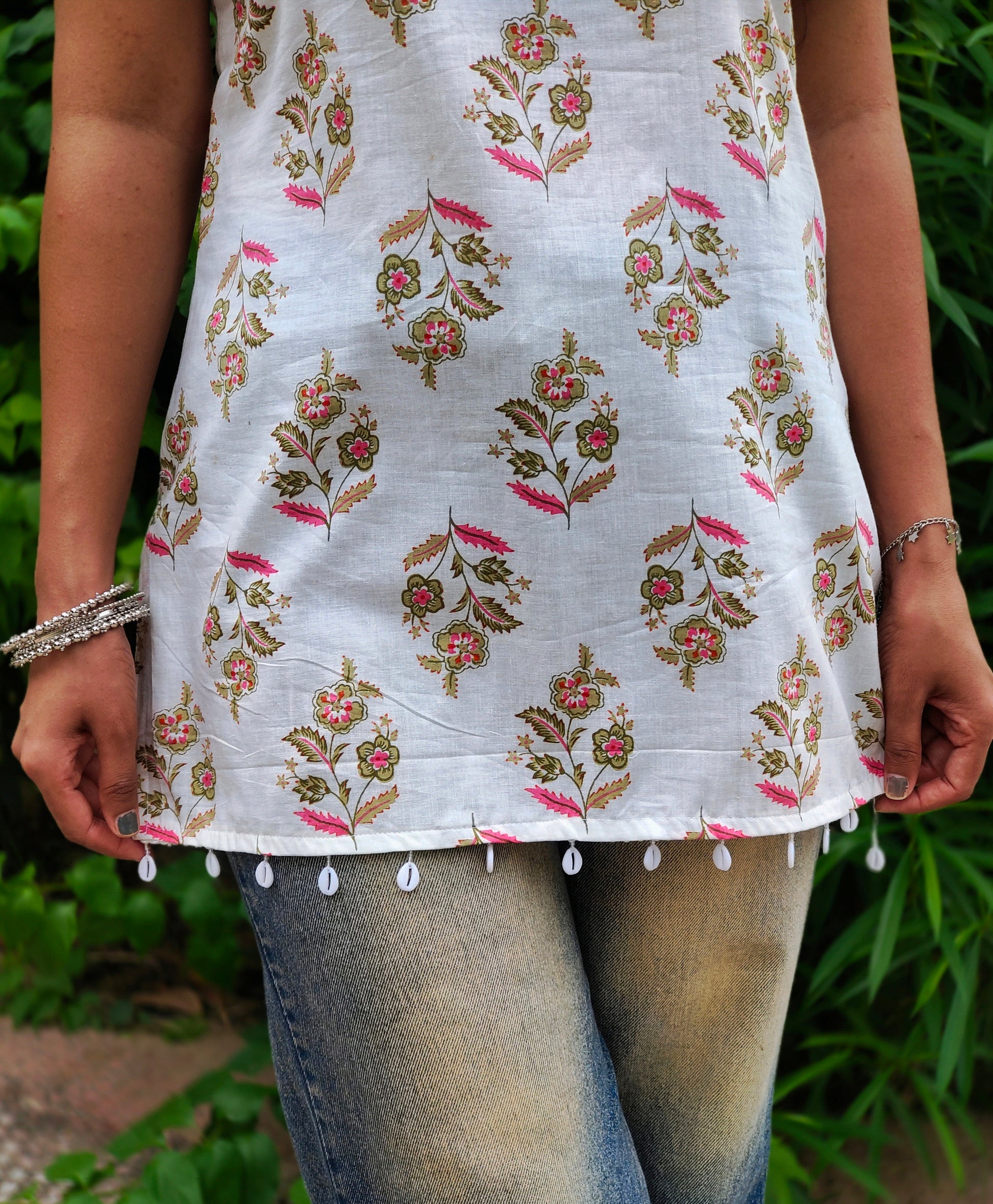 Chandni Floral short kurti | white Printed Cotton Square Neck Top for Women Aardhvi
