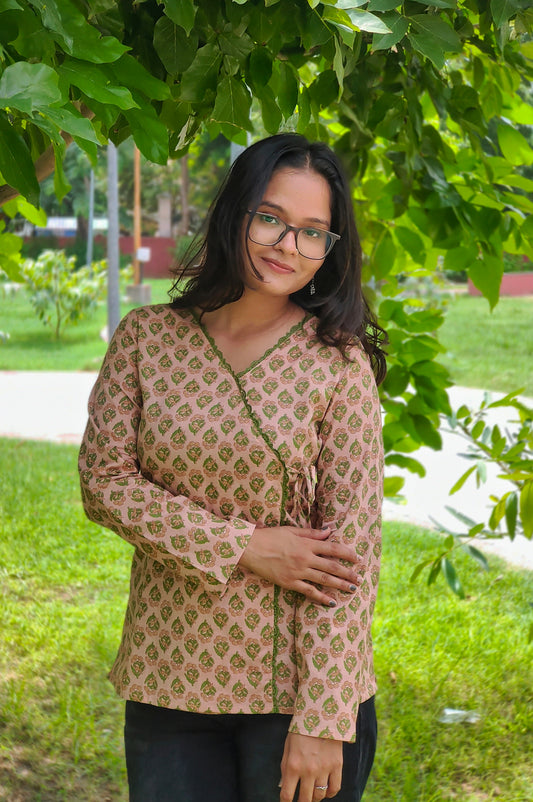 Gulnaar Peach Wrap Kurti 🌸| Floral Printed Cotton Tie-Up Kurti for Women Aardhvi