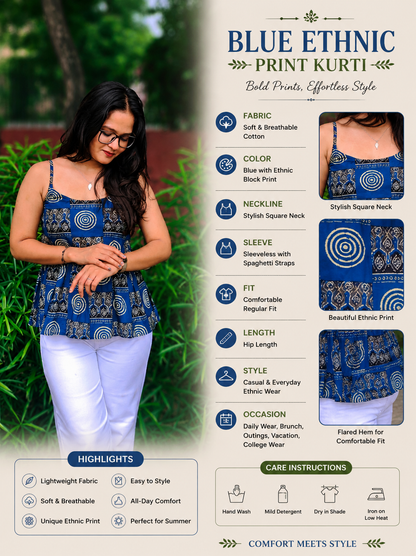 Meher Blue Peplum Top | Printed Cotton Sleeveless Top for Women Aardhvi