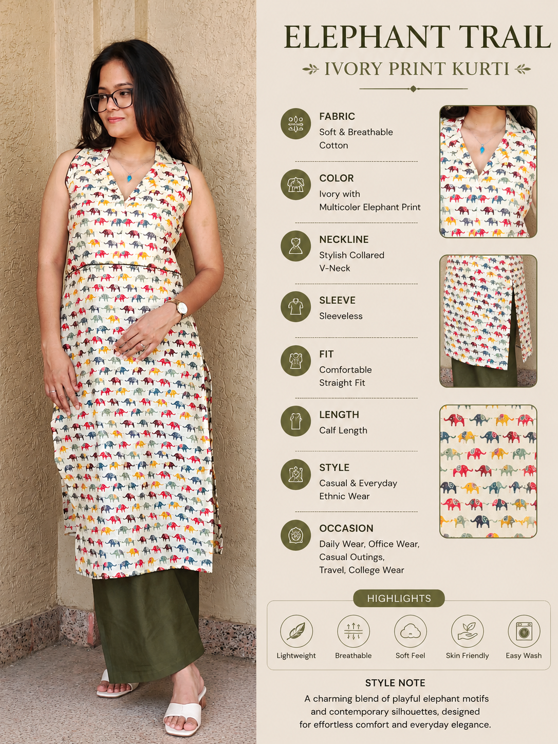 Elephant Trail Ivory Print Kurti