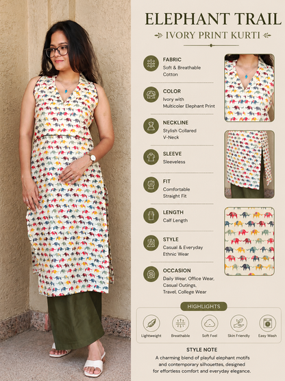 Elephant Trail Ivory Print Kurti