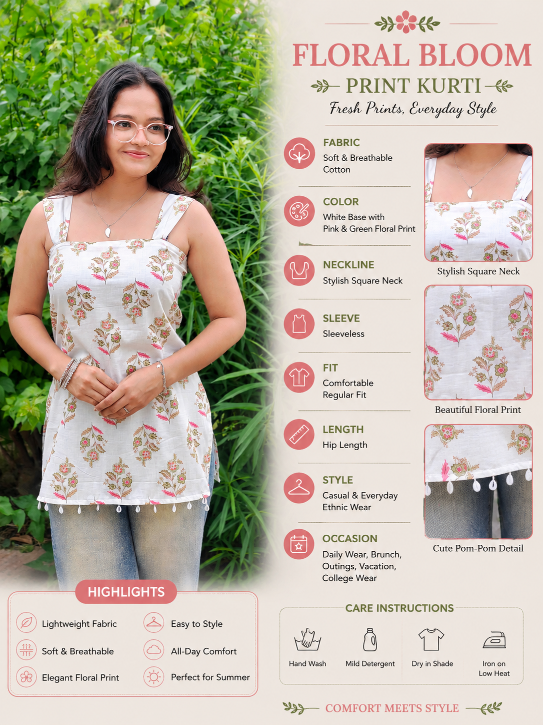 Chandni Floral short kurti | white Printed Cotton Square Neck Top for Women Aardhvi