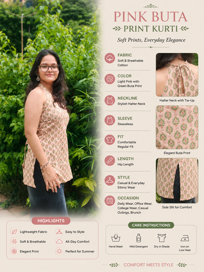 Stylish Halter Neck Kurti | Peach Floral Printed Cotton Kurti Aardhvi