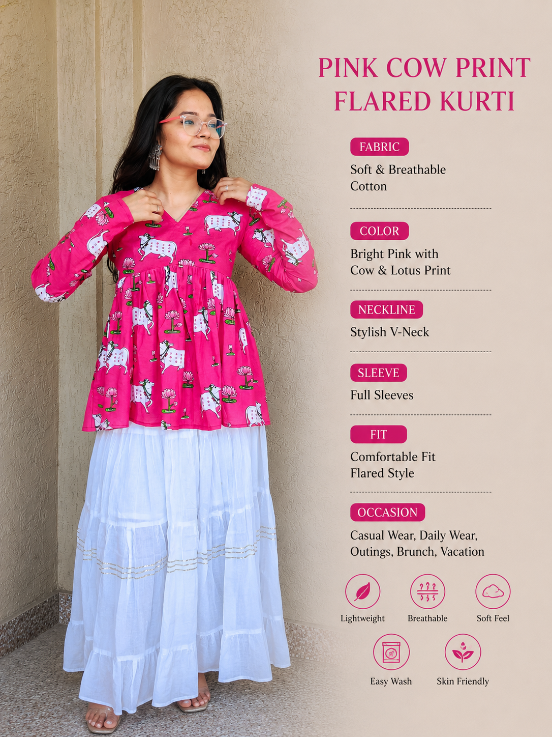 Pink Cow Print Flared Kurti