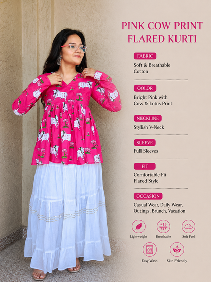 Pink Cow Print Flared Kurti
